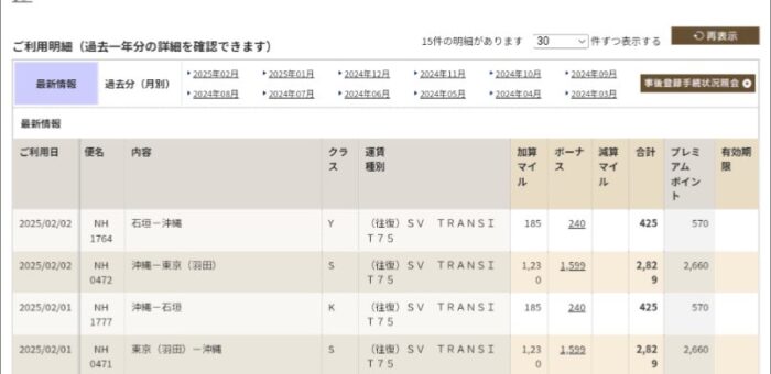 マイル・PP明細。