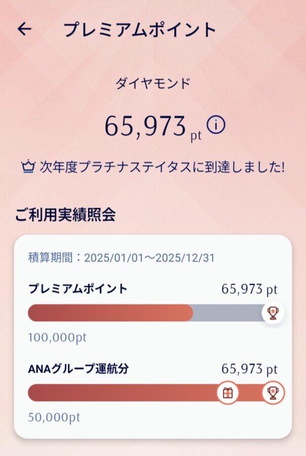 今回の羽田-クアラルンプール往復のプレミアムポイントが加算され65973PPとなった様子